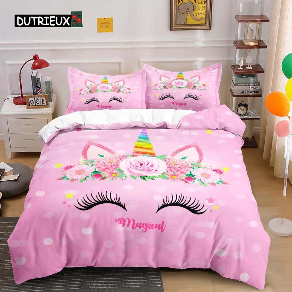 Unicorn Duvet Cover Set Cartoon Animal Galaxy Star Floral Bedding Set for Kids Girls Polyester Romantic Theme Comforter Cover
