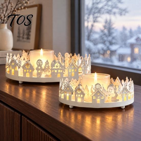 Scented Candle Display Stand 2 Pcs Christmas Village House Tray, Tabletop Decorative Metal Tray with Desktop Set Tree Design, Organizer for