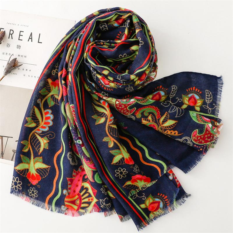 Schal Retro Ethno Stil Schal Fischgrätmuster Marineblau Blume Seidenschal Dickes Tuch Damen