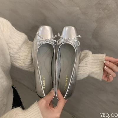 Französische Schleife Damen Schuhe 2025 Neuer flacher Ausschnitt Schuh Mode elegant Ballerinas Damen quadratische Spitze bequeme Schuhe Zapatos Mujer