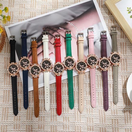 Ladies Butterfly Watch Artificial Leather Strap Quartz Watch Rhinestone Round Dial Fashionable Wristwatch for Women Party Office Date