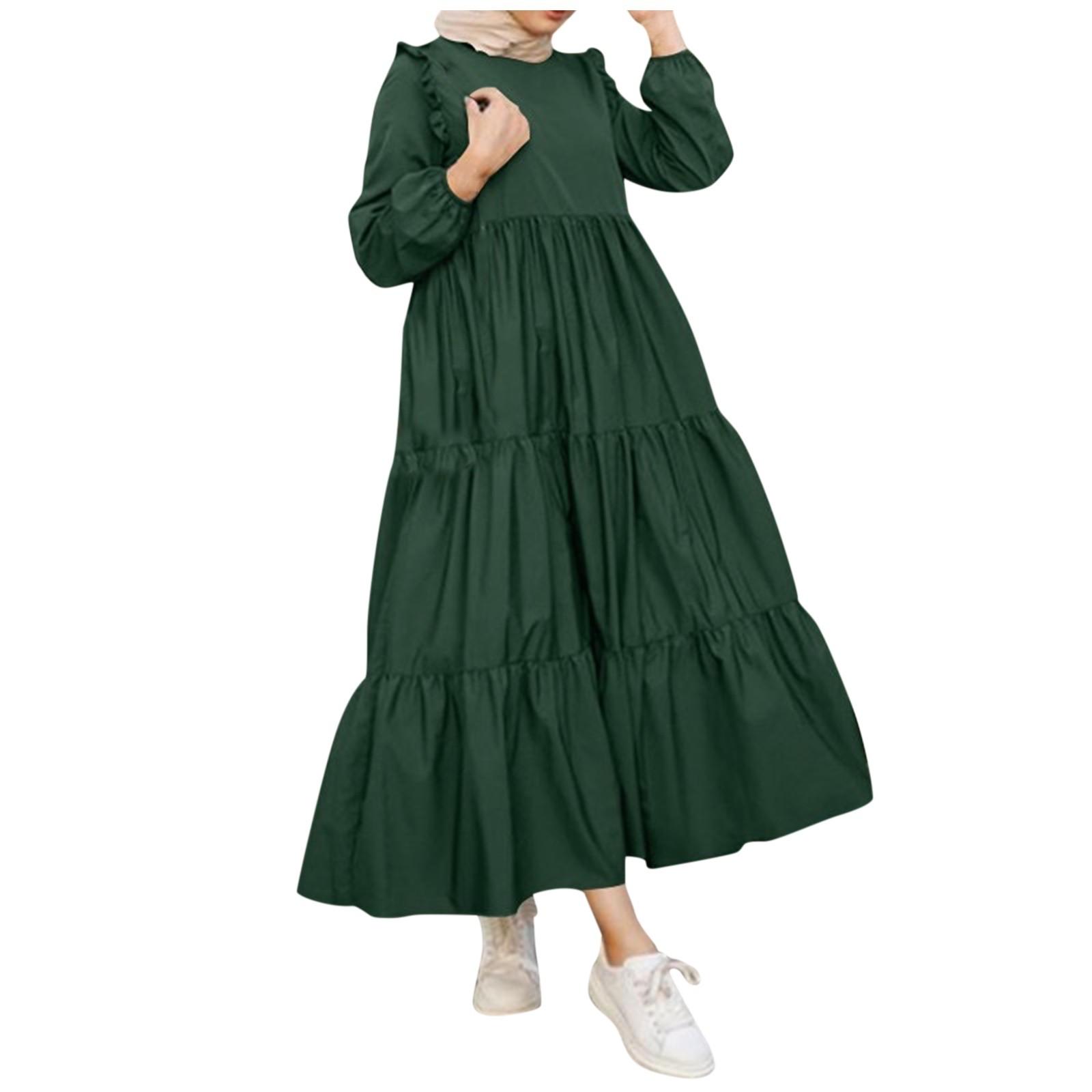 Women s Casual Long Sleeve Round Neck Color Dress Long Dress Robe L зелёный