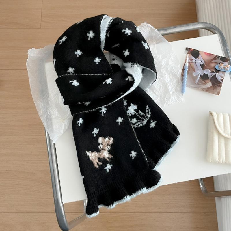 Ladies' Scarves Korean Cartoon Deer Floral Kawaii Sweet Versatile Cute Scarfs Thicked Warm High-Quality Cashmere Knitted Scarfs