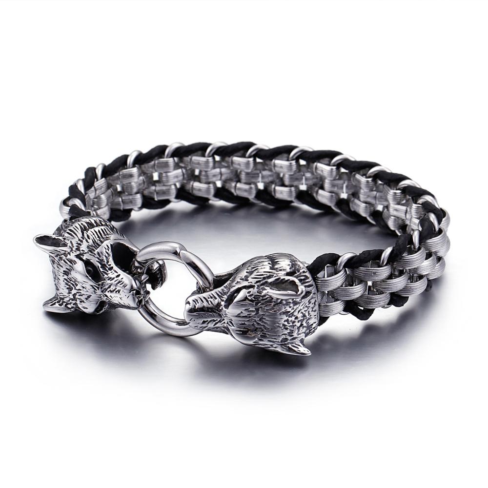 KALEN Stainless Steel Leather Animal Wolf Bracelet Silver Bracelet for Men Punk&19cm