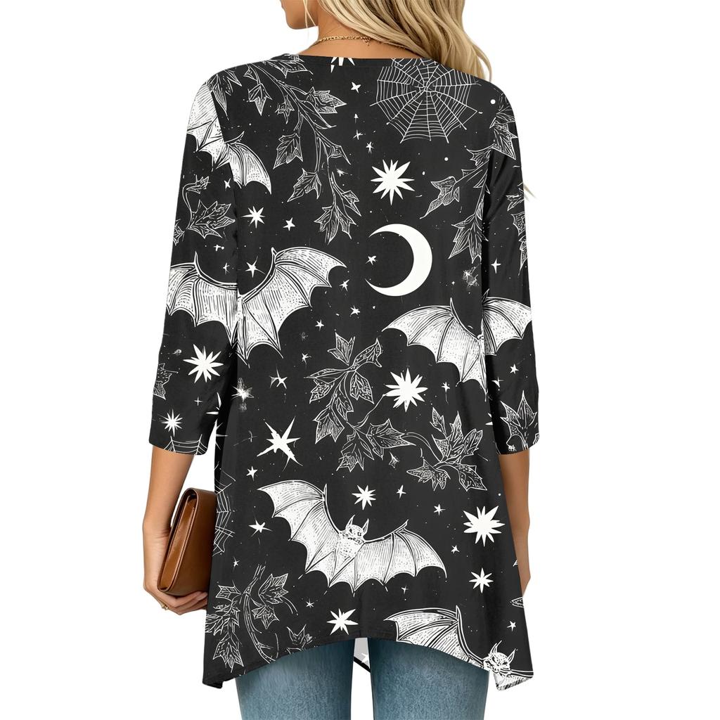 Women's Halloween Print 3/4 Sleeve Lightweight Loose Fit Cardigan for Casual Wear