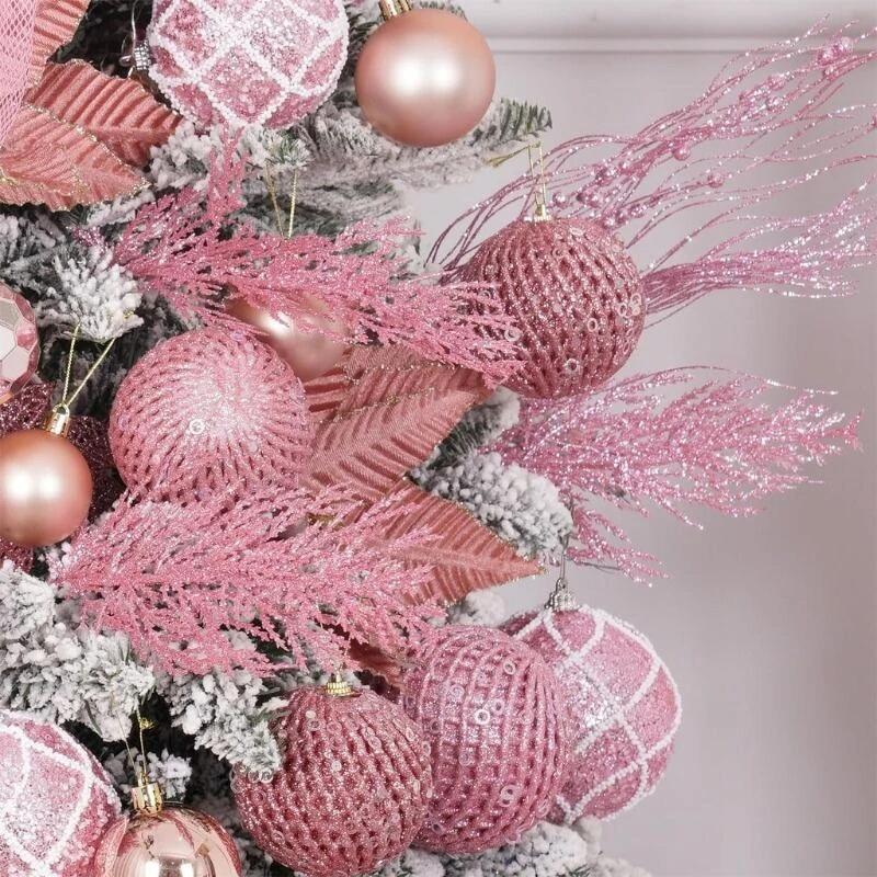 5Pcs Christmas Artificial Sparkling Pine leaves Branches Decoration Xmas Tree Pendant Ornament New Year DIY Home Room Decor