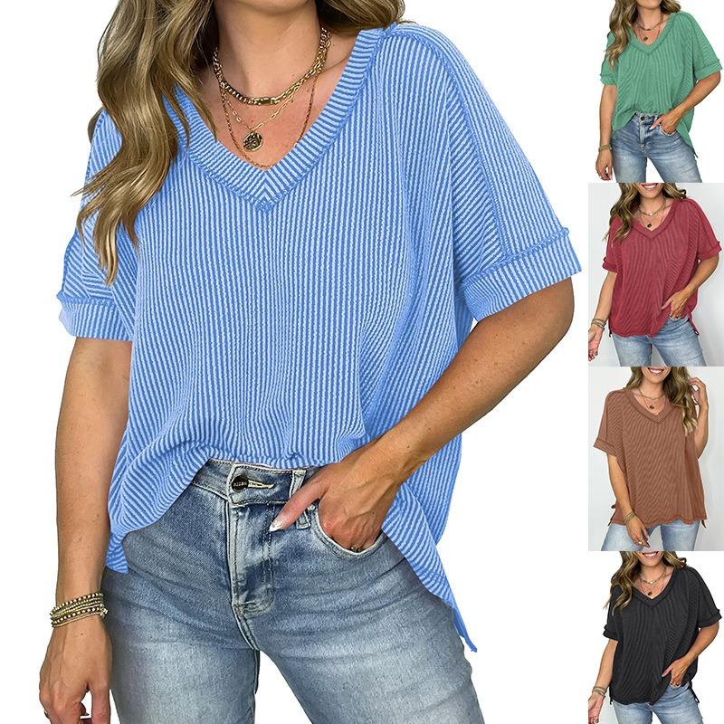 Women European Style V Neck Batwing Sleeve Spliced Slit Loose Pullover T Shirt