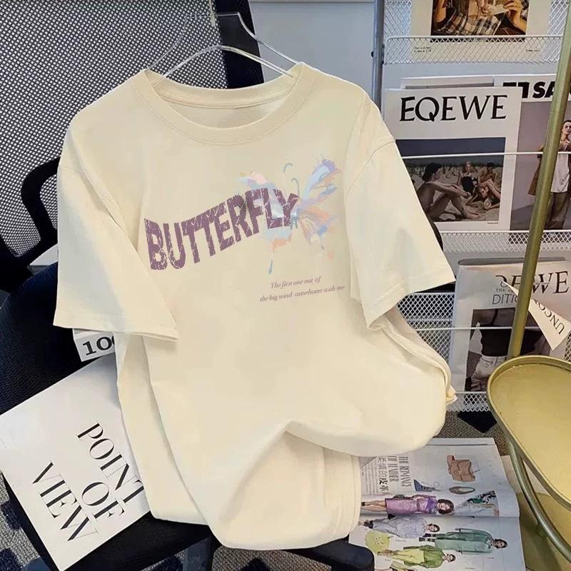 Butterfly Printed Cotton Short-sleeved T-shirt Women's Summer New Design Sense Fashionable Versatile Large-size Half-sleeved Top