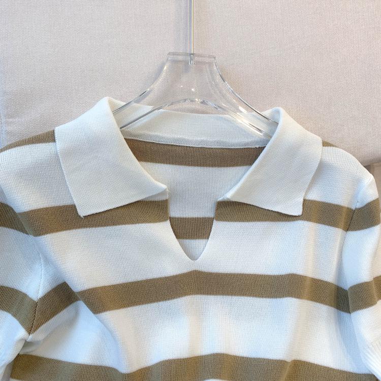 Damen Gestreiftes V-Ausschnitt Kurzarm Eisseide Stricktop