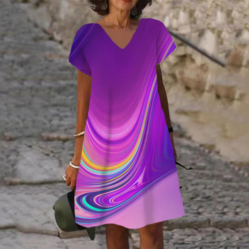 Tie Dye Rainbow Print Women Dress Elegant Sweet Casual Short Sleeve V-Neck A-Line Dress Summer Fashion Oversized Clothing Ladies S