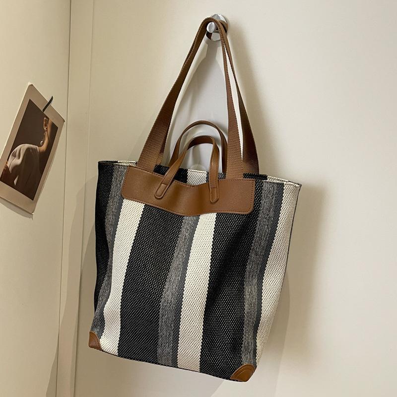 Large-capacity Class Bag Women's Summer New Contrasting Striped Handbag Versatile Shoulder Bag Tote Bag