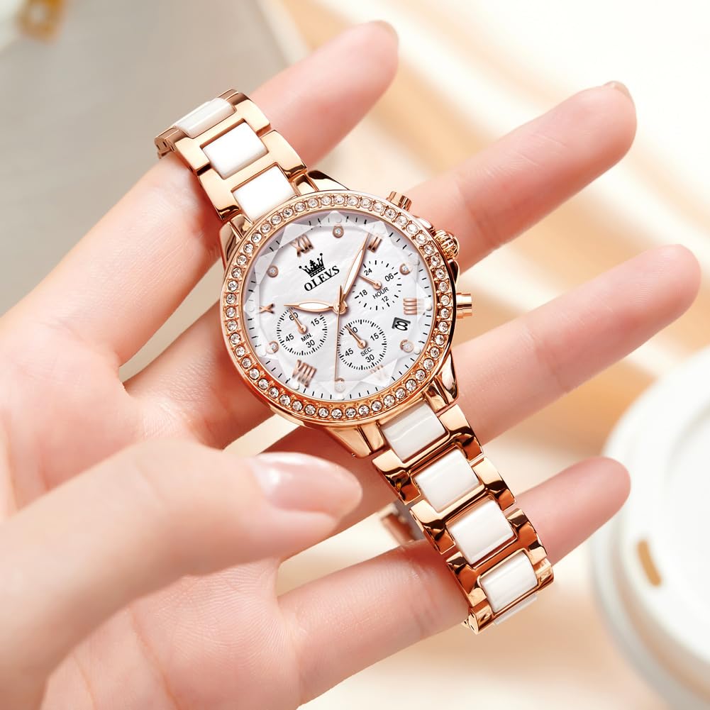 OLEVS Women's Watch Waterproof Popular Rose Gold Quartz Analog Fashion Business Wristwatch Lightweight Pink Gold White Mother-of-Pearl Dial, Olevs
