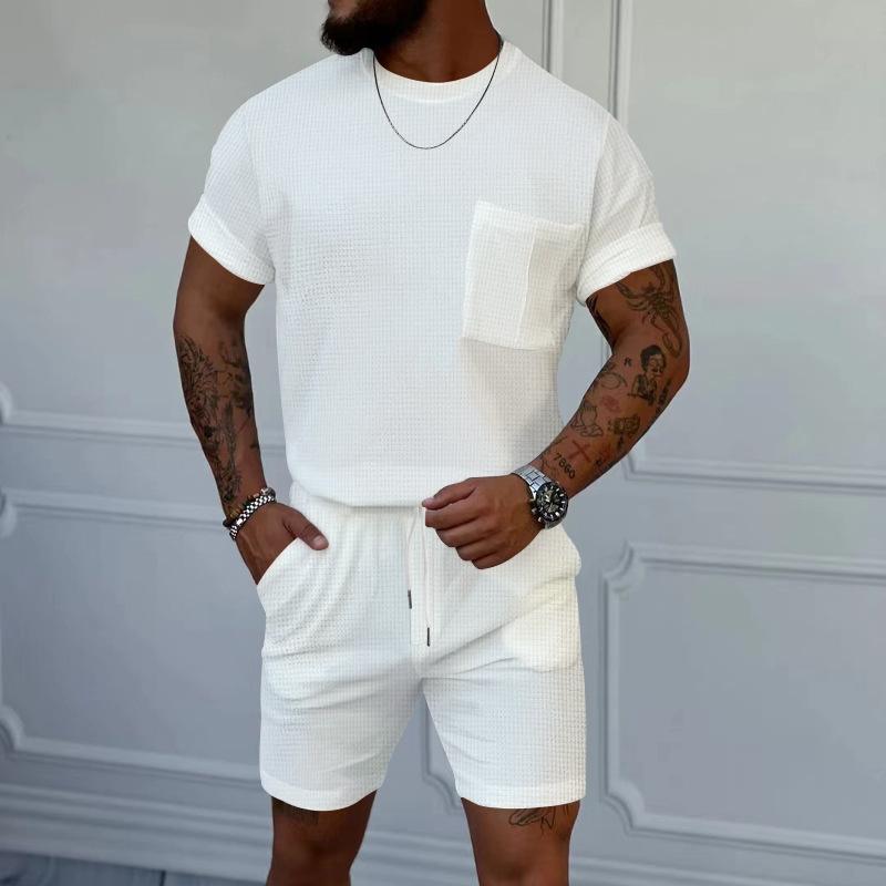 Summer Men's Trend Waffle Crew Neck Pocket Short Sleeve Shorts Casual Sports Cover