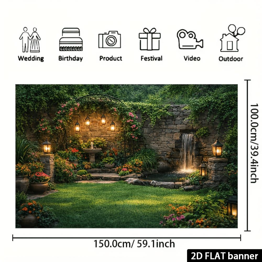 2D stone wall flowing courtyard background cloth stone wall vines warm light lantern fountain and small waterfall on the right