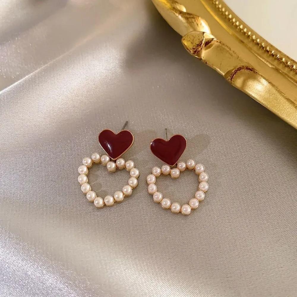 New Wine Red Velvet Rose Pearl Earrings for Women Vintage Red Rose Elegant High-end Studs Earrings Jewelry Accessories