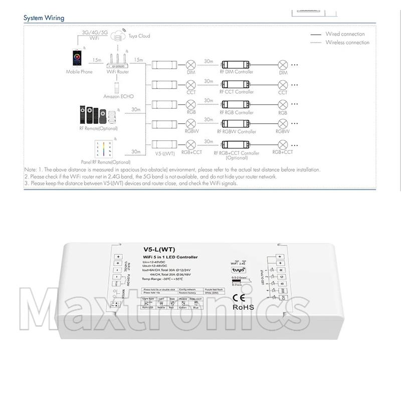 Skydance WiFi & RF 5 in 1 CV Controller V5-L(WT) (Tuya App) 5-Kanal*6A 12-48VDC für RGB RGBW RGB+CCT CCT Einzel-Farb-LED-Streifenlicht