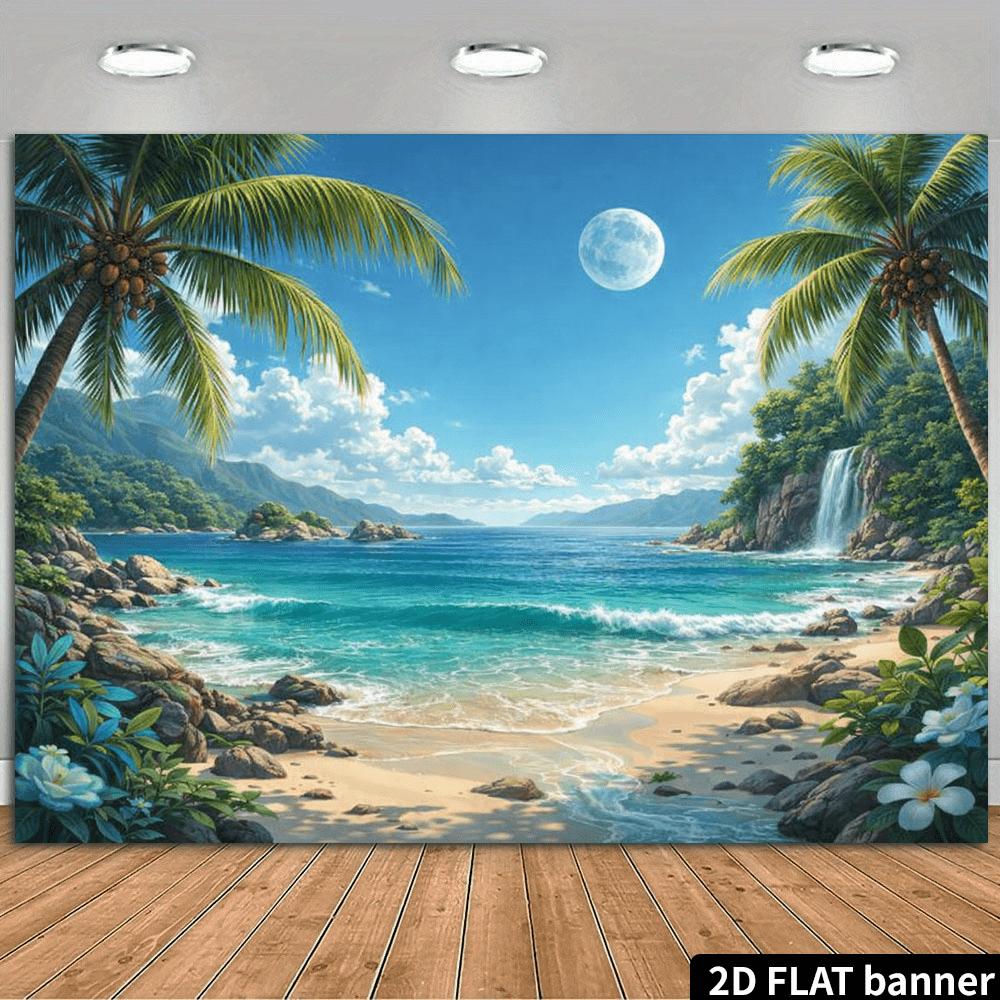 2D flat banner summer beach commemorative background fabric. Tropical island theme featuring two palm trees. 100x150cm