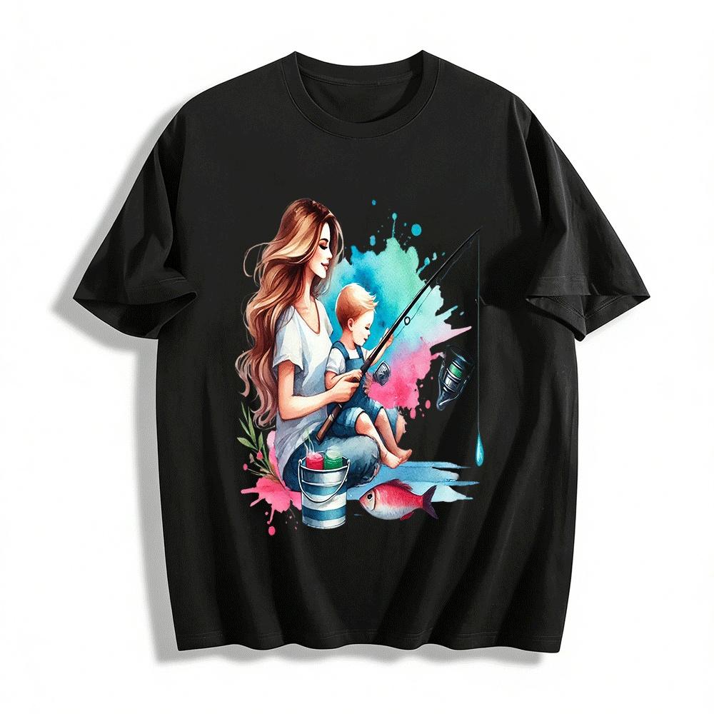 Mother And Child Fishing Time Printed Casual T-Shirt Pure cotton T-shirt XXS