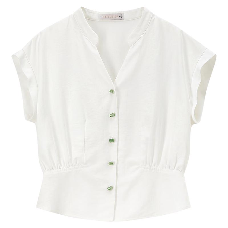 Women s Lyocell Linen Blend Stand Collar Short Sleeve Shirt L белый