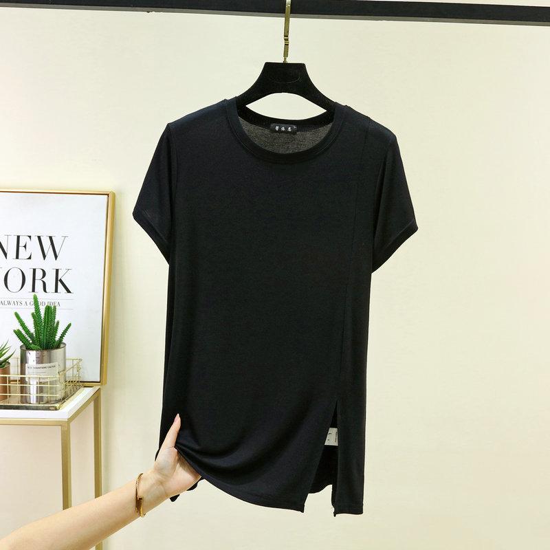 

L to 6XL Plus size Side Slit Tee Modal Short Sleeve Tshirt Loose Fit Casual T-Shirt Stretchy & Comfy Tees Simple Basic Tops for Women L