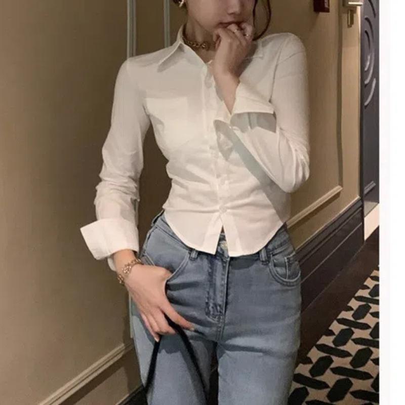 JK Uniform Bílá košile Dámská Nový jarní design Dlouhý rukáv Nika Slim fit Top s řasením v pase