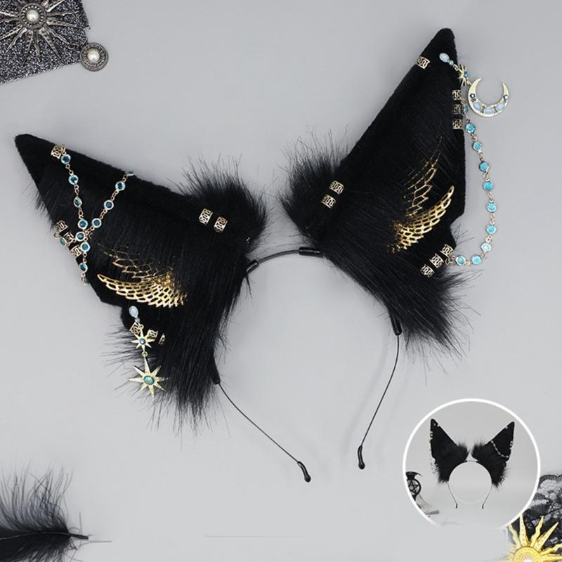 Adult Cartoon Wolf Ears Shape Headband with Dangle Jewelry Easter Hair Hoop