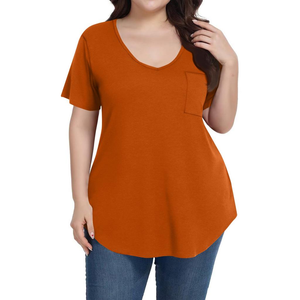 Women's Color Large Size V-neck Top Loose Pocket T-shirt