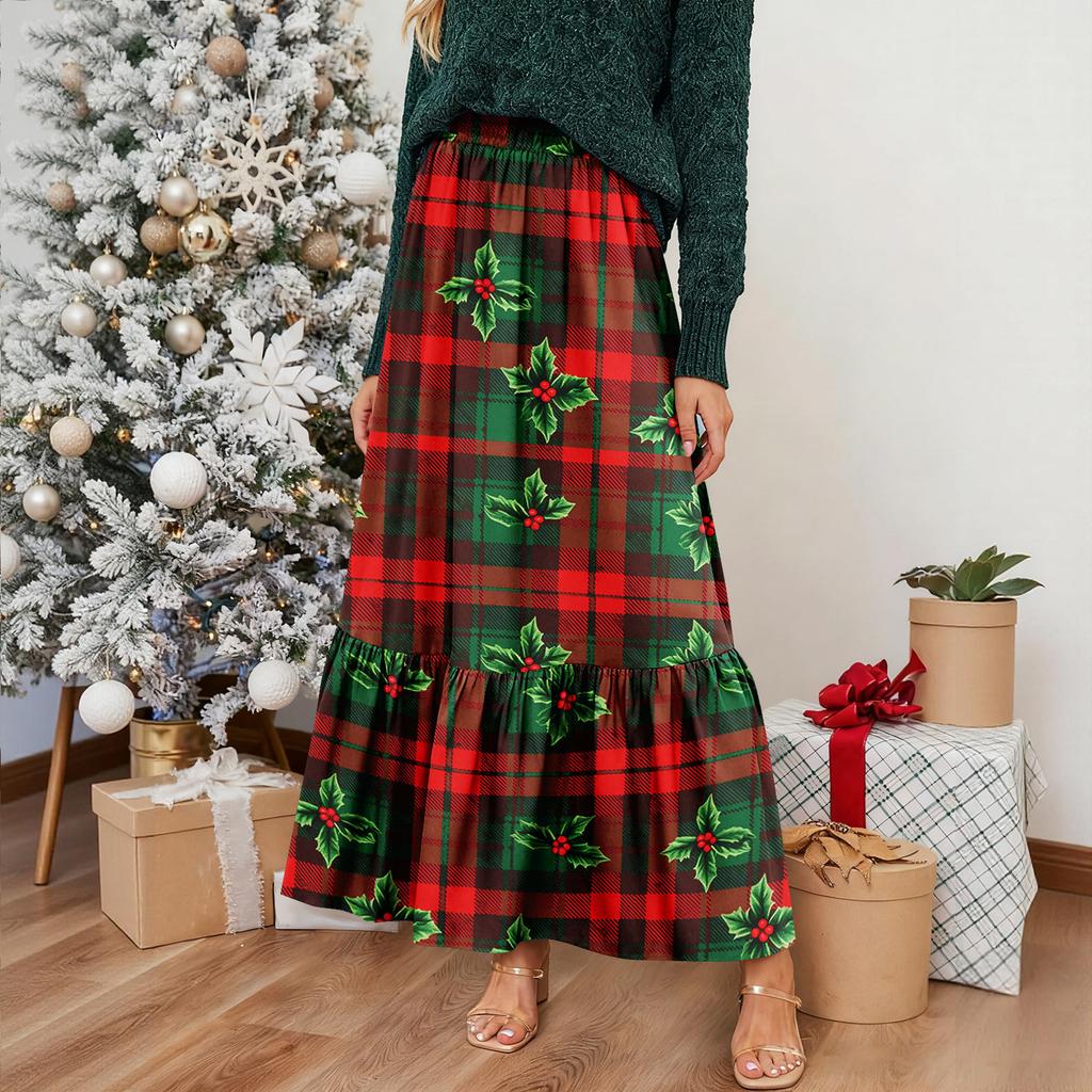 Women's Ruffled Casual Long Skirt Plaid Skirt Retro Pleated Skirt