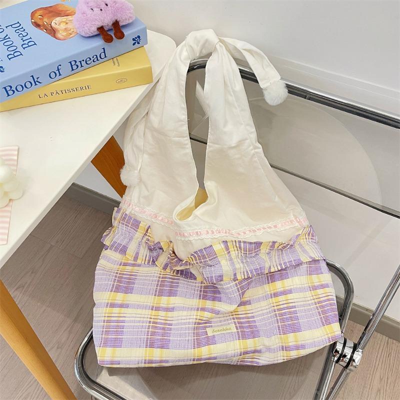 

2 летние новые сумки простые и модные плиссированные клетчатые кружевные вставки на одно плечо для работы и поездок фиолетовый