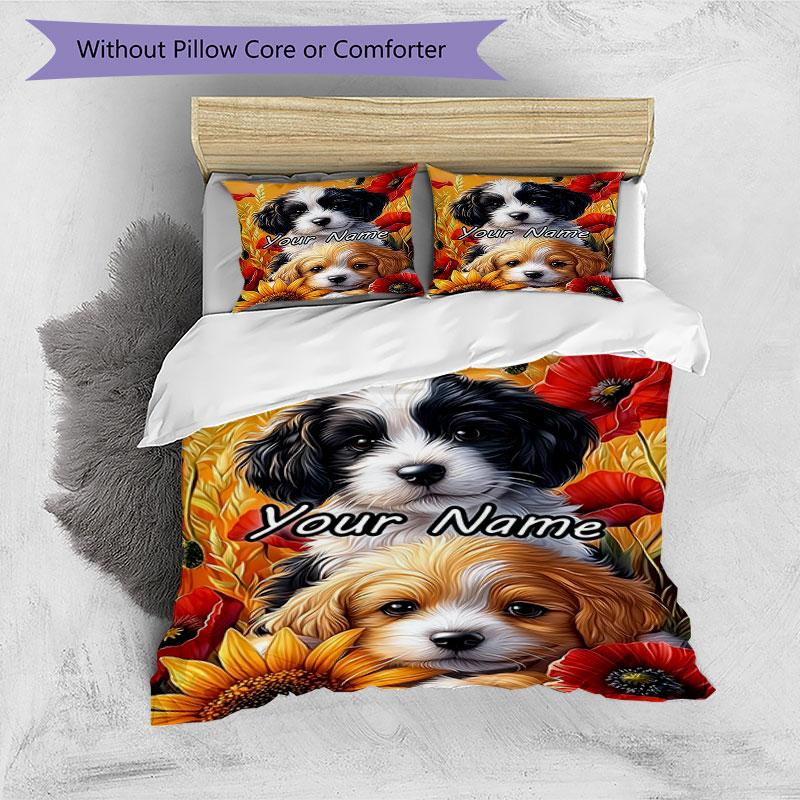 3pcs Custom Name Puppies Amidst Vibrant Blooms. Bedding Set Printed Bedding Set Duvet Cover Closure Includes 1 Duvet Cover & 2 Pillowcases Bedroom Dec