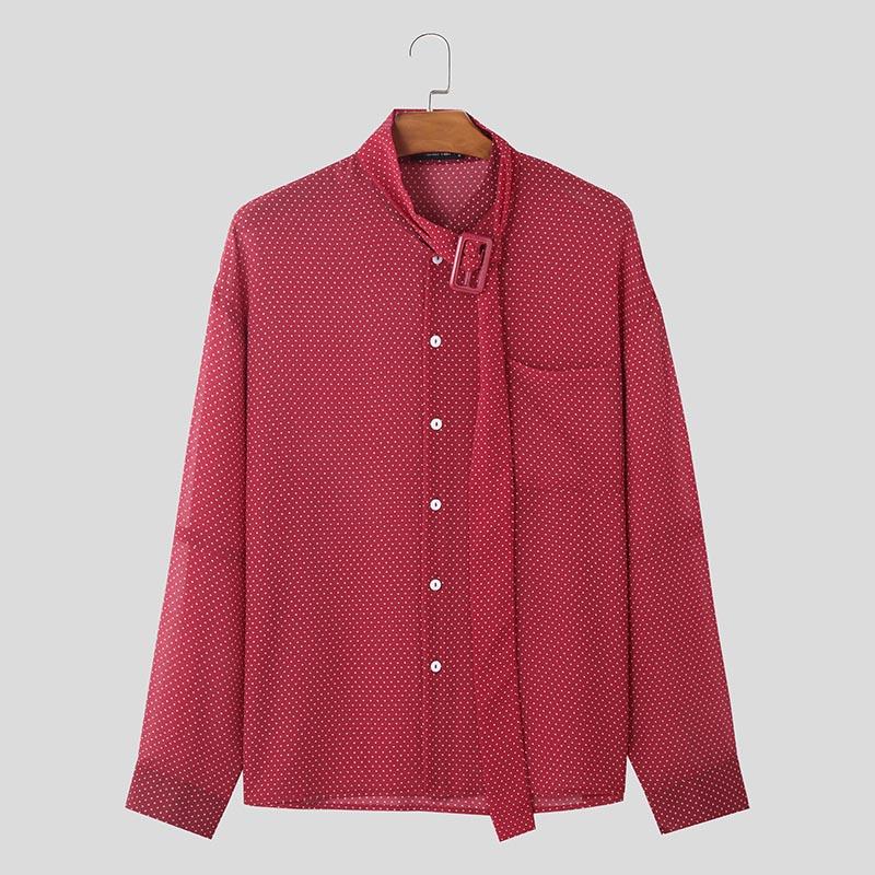

INCERUN Men Tie Up Long Sleeve Semi-Sheer Polka Dots Shirts Tops M