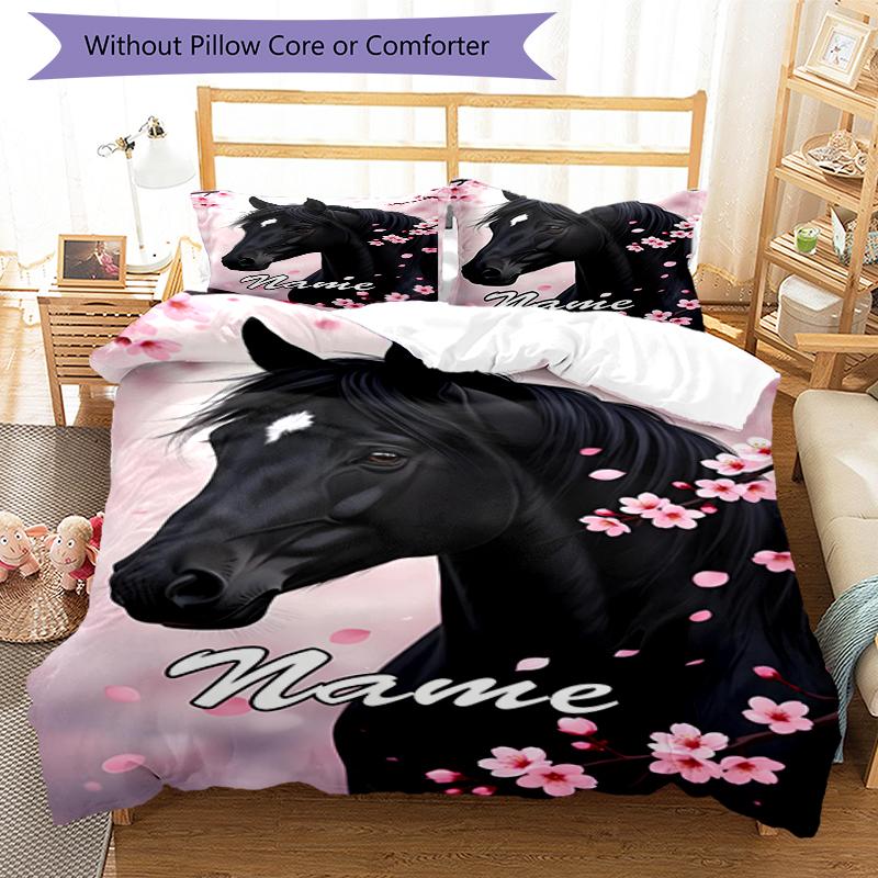 3pcs Custom Name Horse Bedding Set Duvet Cover Closure Includes 1 Duvet Cover & 2 Pillowcases, Soft and Comfortable for All Seasons.