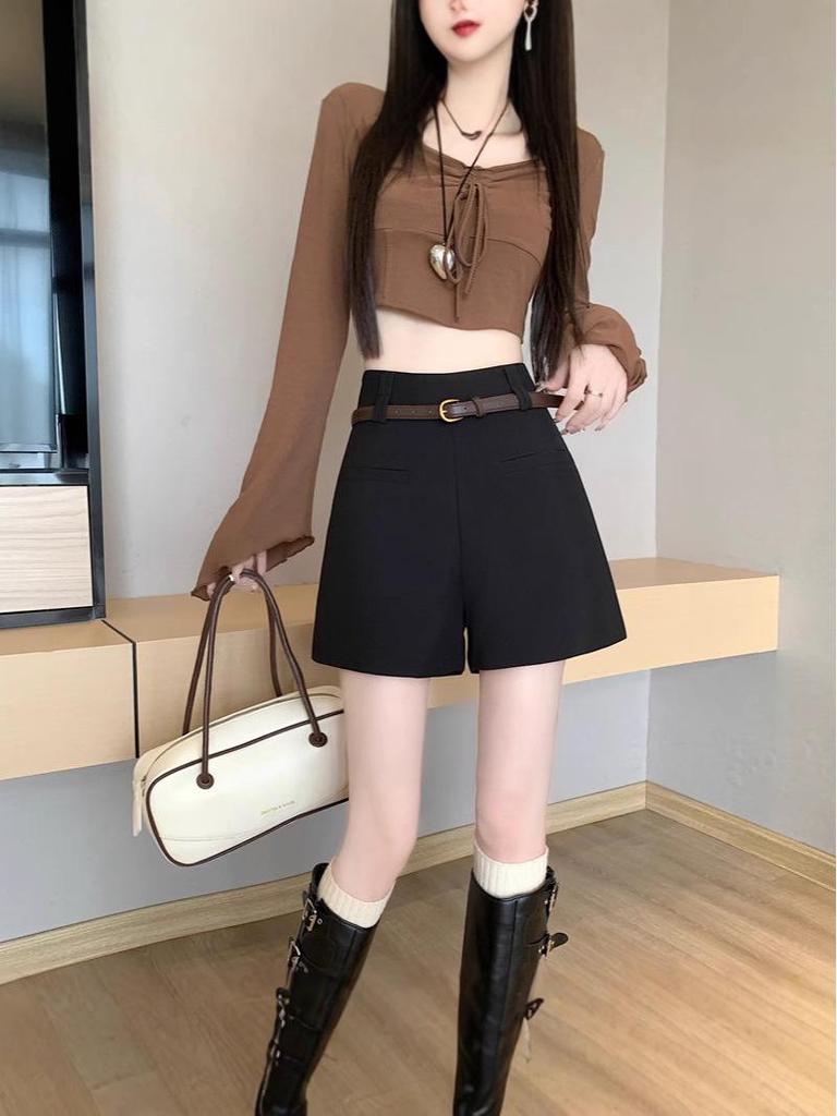 2026 Spring/Summer Women's Grey A-Line High-Waisted Wide-Leg Suit Shorts
