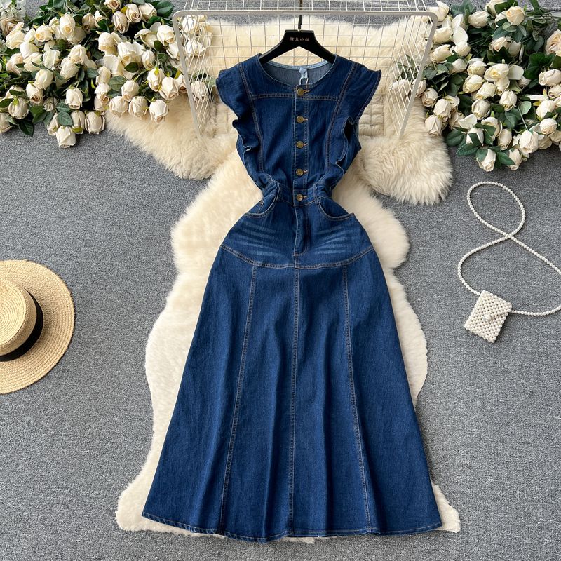 

Summer Waist-Tight Niche Style Chic Long Denim Dress Blue L