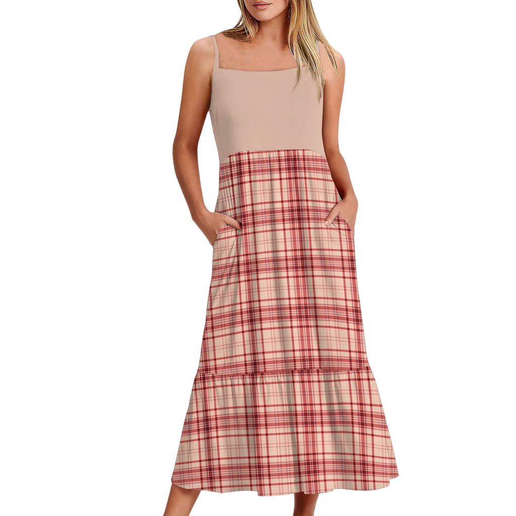 Women's Long Beach Casual Elegant Spaghetti Strap Maxi Dress Plaid Print Low-key Flowing Bohemian Dress