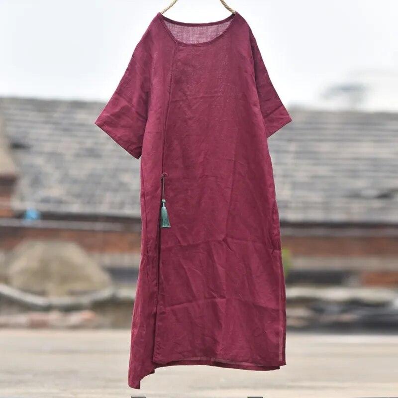 Johnature Women Pullover T-Shirts Solid Color O-Neck Summer Vintage Tees Loose Women Short Sleeve Long T-Shirts