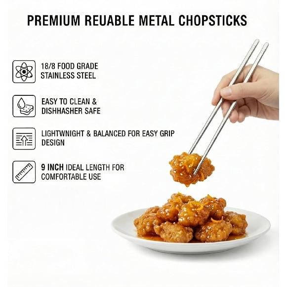 Stainless Steel Chopsticks 5 Pairs, 9 Inch Reble Metal Chop Sticks, Lightweight Hollow Design, Square Anti-Roll & Non-Slip Tips, Dishwasher Safe Food