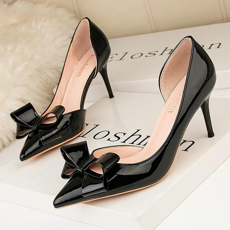 

New Fashion Women Shoes Patent Leather Pumps Sexy Bowknot High Heels Shoes Thin Heels Dress Shoes 41 чорний