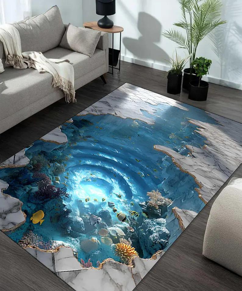 2D Ocean Cave Ladder Optical Illusion Area Rug Non-Slip Washable Bathroom Doormat Carpet Vortex Hole Entrance Entryway Floor Mat