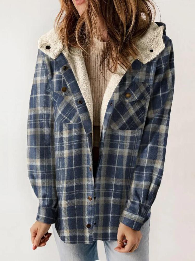 Autumn and winter women's plaid jacket long sleeved hairy hooded jacket with pockets