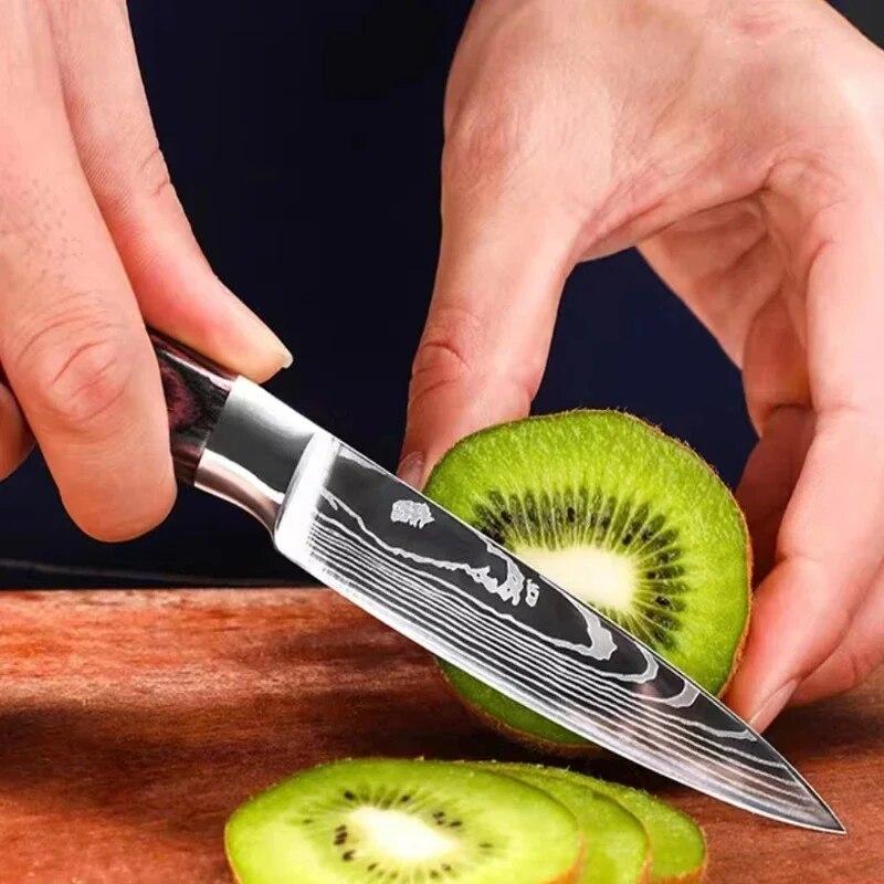 Sharp Stainless Steel Damascus Professional Chef Knife Fruit Knife Color Wood Handle Cutting Knife Meat Knife Combination