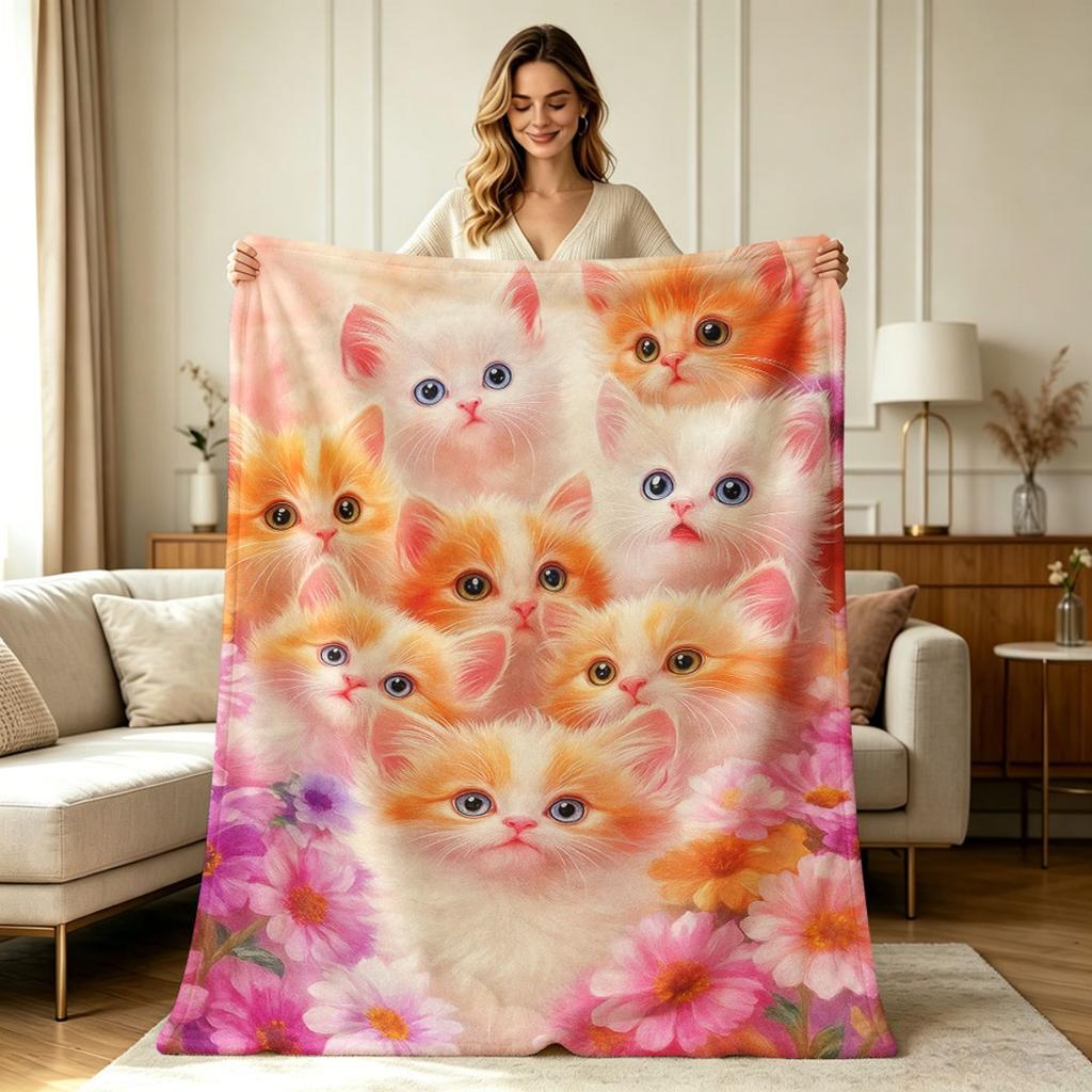Soft Flannel Blanket with Cute Kittens And Floral Print All Season Warm Throw Blanket for Couch Sofa Bedroom Living Room Office Home Decor