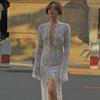 Ladies New Sexy Lace Hollow Deep V-neck Strappy Slit Slim Long-sleeved Dress