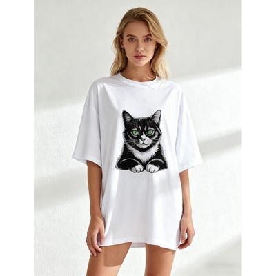 Übergroßes T-Shirt mit Schwarzer Katze-Aufdruck für Freizeitkleidung