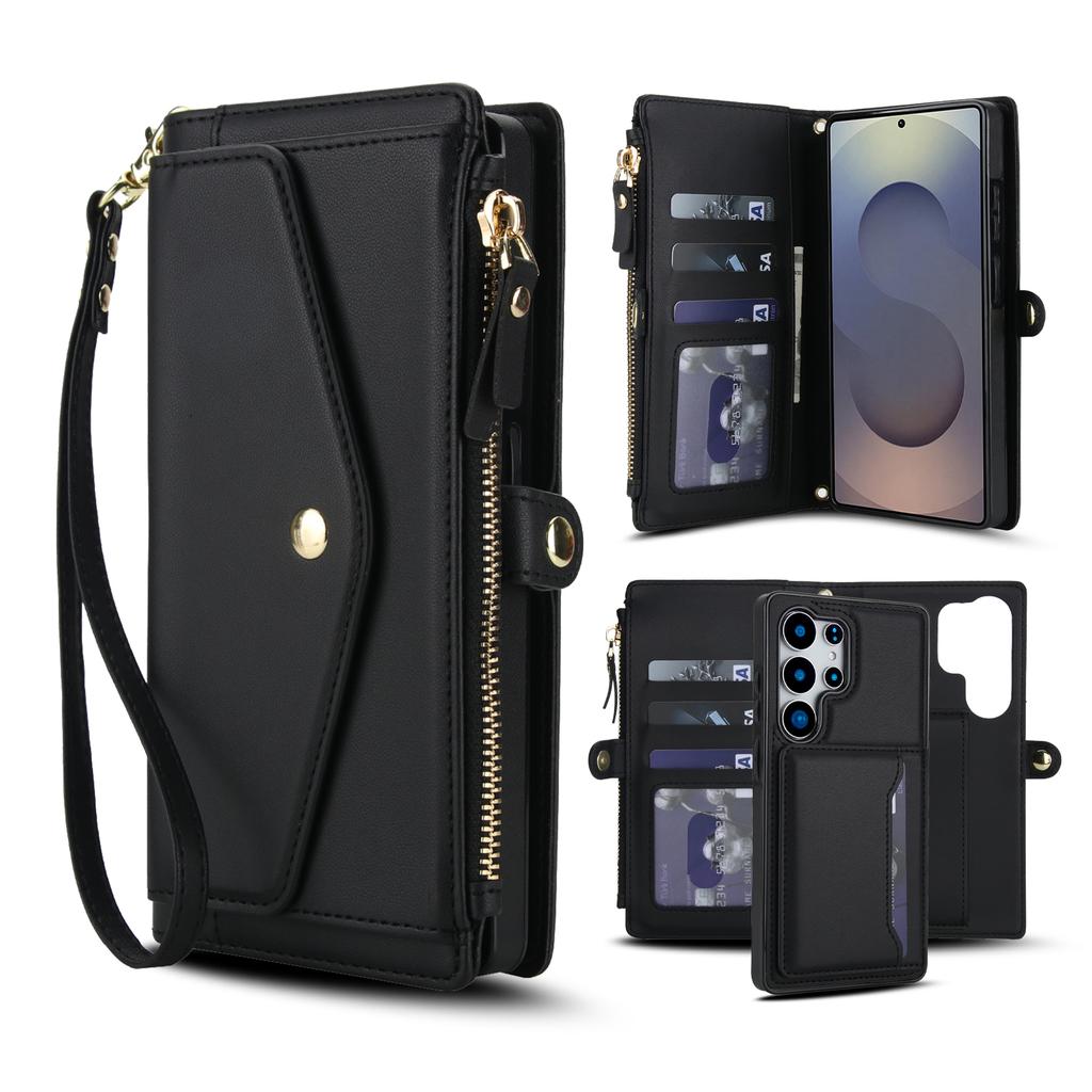 For Samsung Galaxy S25 Ultra Wallet Case Magnetic Detachable PU Leather Phone Cover with 2 Straps