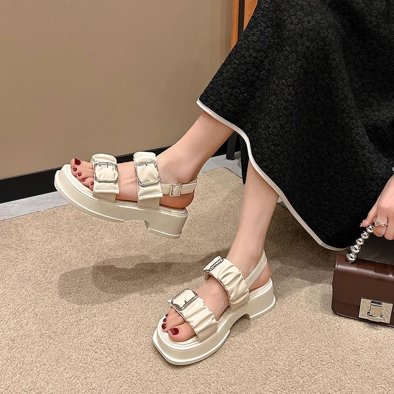 5cm Women Punk Sandals Summer Platform Wedges High Heel Sandals Female Open-toe Chunky Sneakers Beach Buckle Slippers Woman New