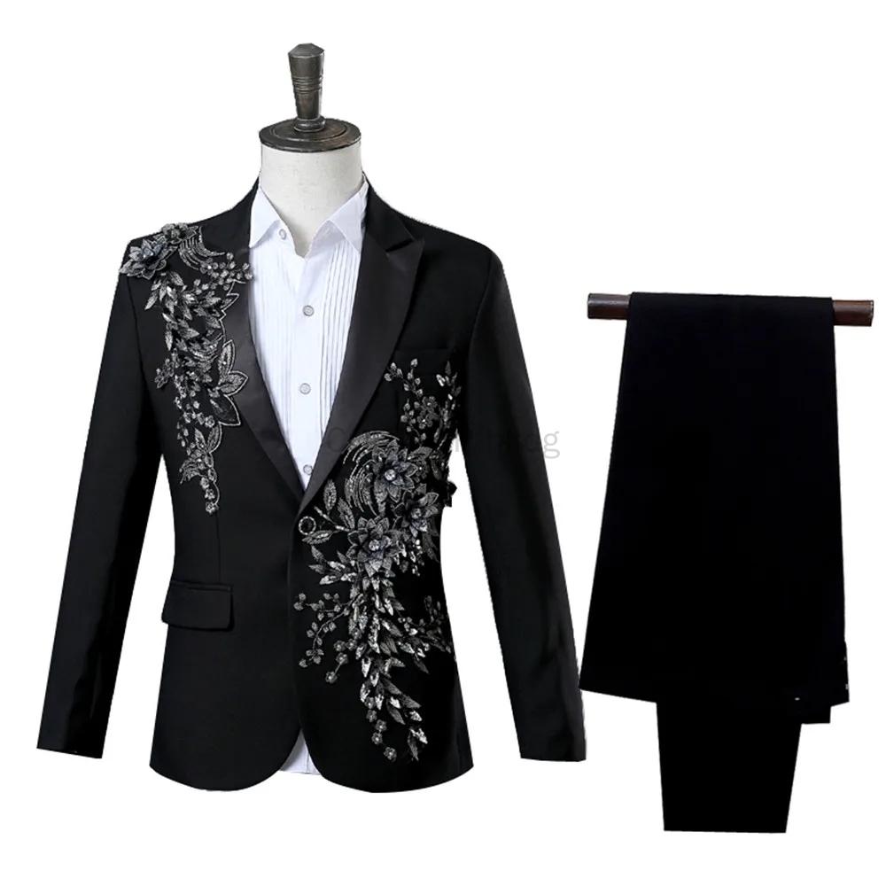 Eleganter, mit Applikationen verzierter Herrenanzug im Slim Fit, 2-teiliger formeller Smoking, Blazer, Hose mit Fliege für den Hochzeitsball
