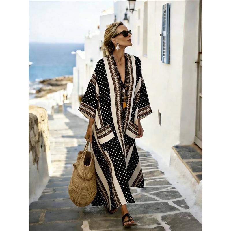 European, American Y Bohemian fashion women's clothing casual vacation D printed beach Kaftan cardigan long dress
