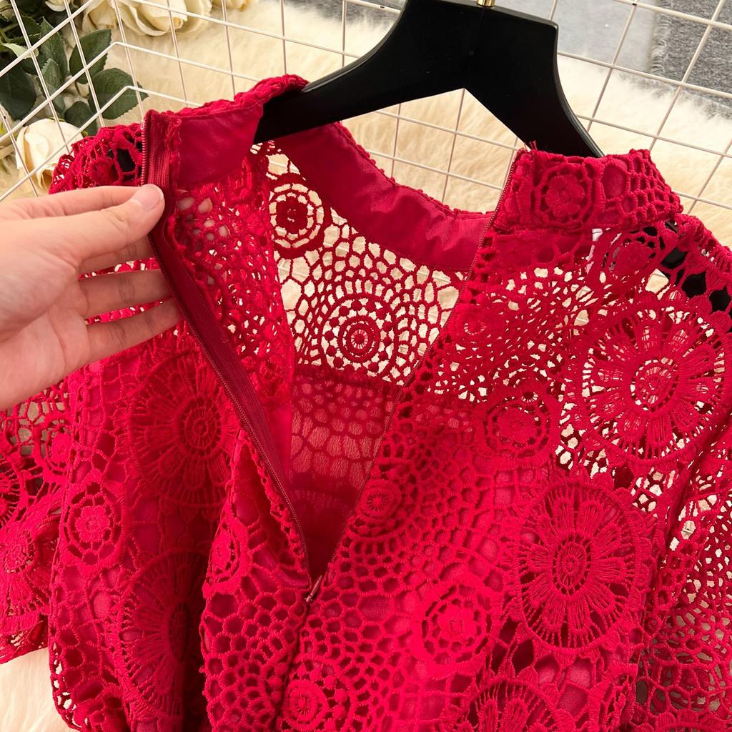 Summer Hollow Out Ruffles Lace With Belt Patchwork Dress High Waist Vestidos Sweet Style Women's Dresses Autumn Spring