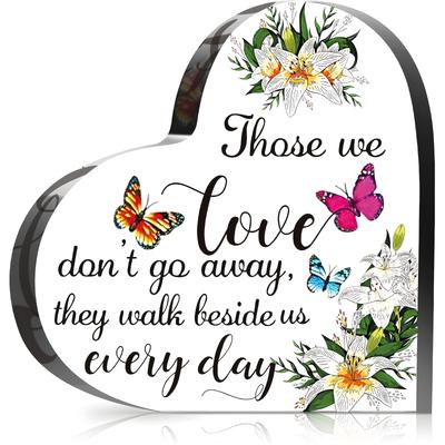 1pc Heart-Shaped Memorial Acrylic Decoration - Sympathy Gift with Floral and Butterfly Design, 4x4 Inches, Romantic Bereavement Table Center Ornament